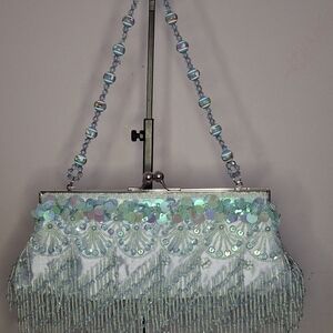 Iridescent Beaded Clutch with Blue Accents